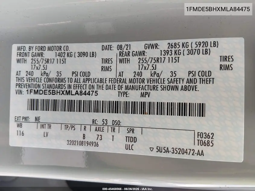 2021 Ford Bronco Big Bend VIN: 1FMDE5BHXMLA84475 Lot: 45468566