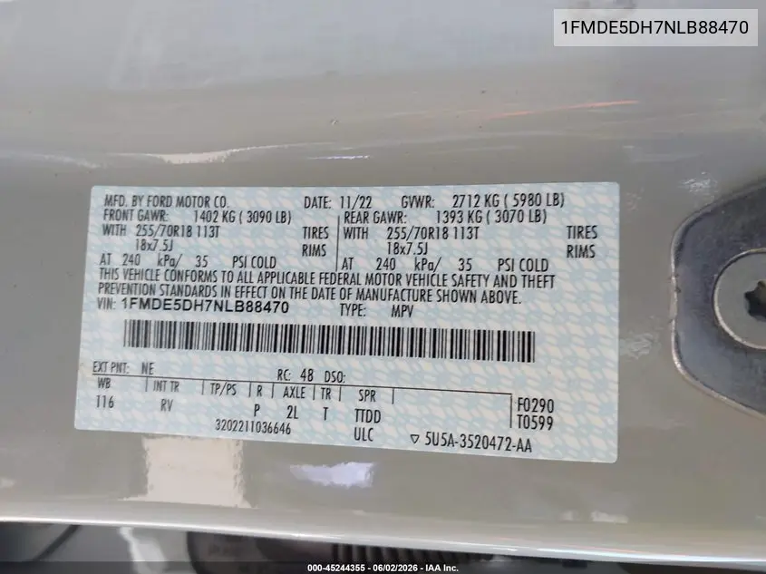 2022 Ford Bronco Outer Banks VIN: 1FMDE5DH7NLB88470 Lot: 45244355
