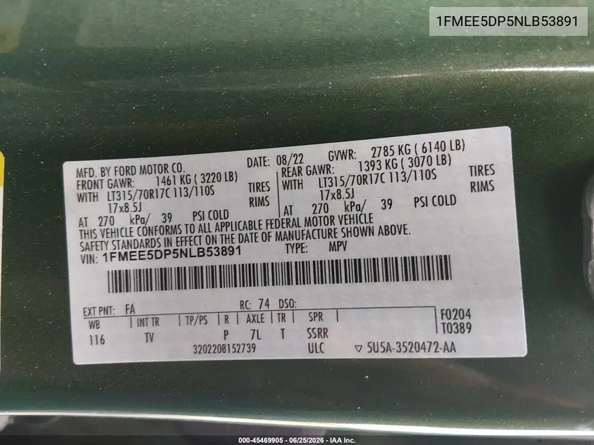 2022 Ford Bronco Wildtrak VIN: 1FMEE5DP5NLB53891 Lot: 45469905