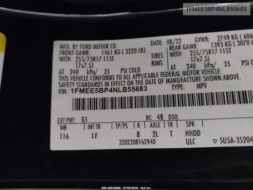 2022 Ford Bronco Big Bend VIN: 1FMEE5BP4NLB55683 Lot: 45534066