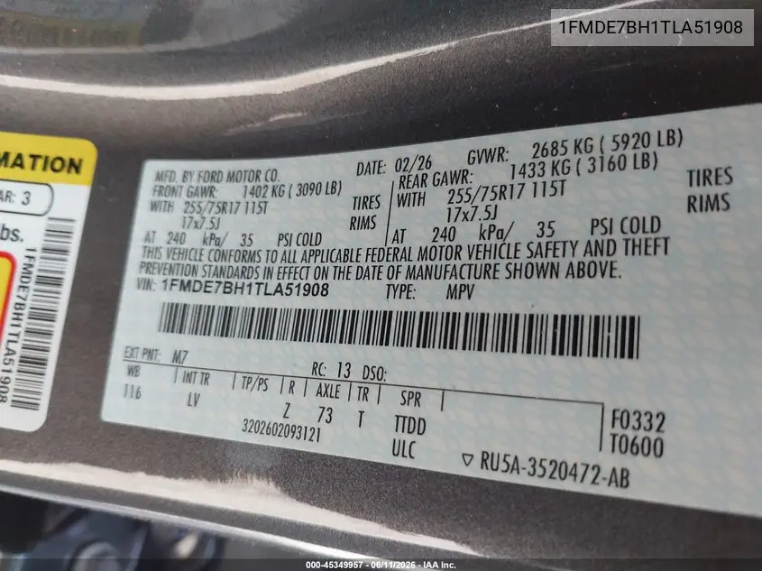 2026 Ford Bronco Big Bend VIN: 1FMDE7BH1TLA51908 Lot: 45349957