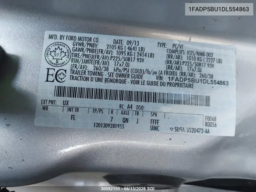 2013 Ford C-Max Sel VIN: 1FADP5BU1DL554863 Lot: 30092155