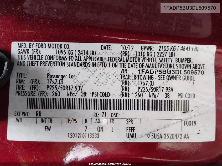 2013 Ford C-Max Hybrid Sel VIN: 1FADP5BU3DL509570 Lot: 45340300