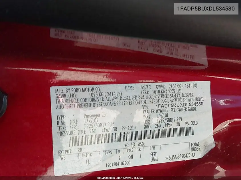 2013 Ford C-Max Hybrid Sel VIN: 1FADP5BUXDL534580 Lot: 45388896