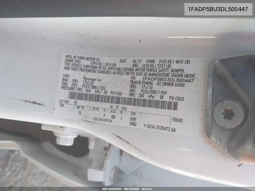 2013 Ford C-Max Hybrid Sel VIN: 1FADP5BU3DL500447 Lot: 45428050