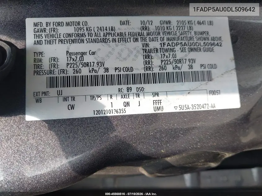 2013 Ford C-Max Hybrid Se VIN: 1FADP5AU0DL509642 Lot: 45568516