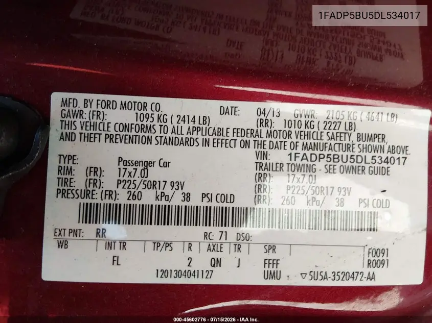 2013 Ford C-Max Hybrid Sel VIN: 1FADP5BU5DL534017 Lot: 45602776