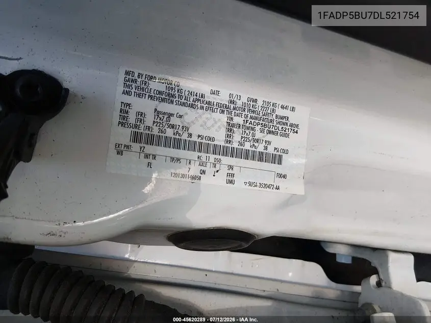 2013 Ford C-Max Hybrid Sel VIN: 1FADP5BU7DL521754 Lot: 45620289