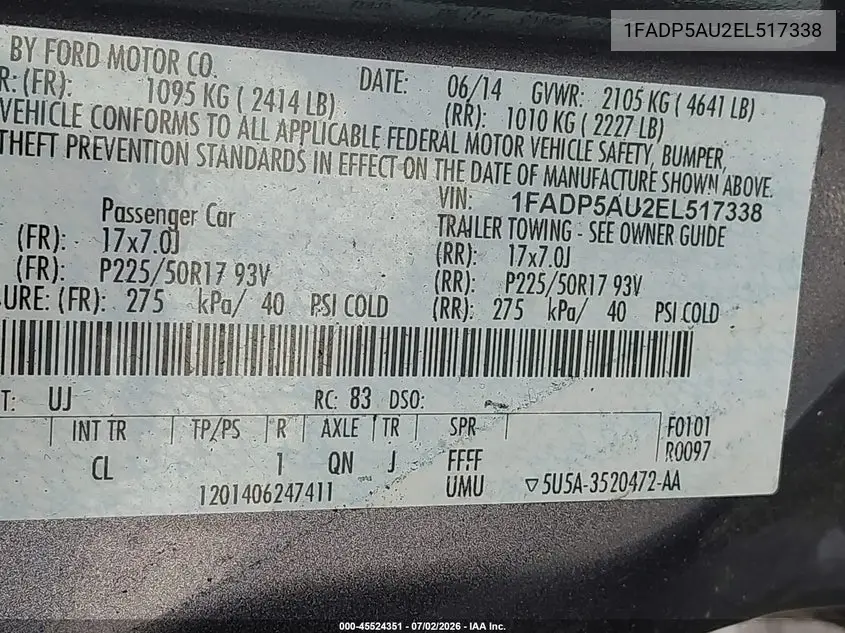 2014 Ford C-Max Hybrid Se VIN: 1FADP5AU2EL517338 Lot: 45524351