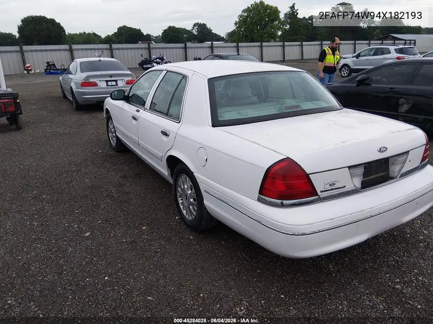 2004 Ford Crown Victoria Lx VIN: 2FAFP74W94X182193 Lot: 45284028