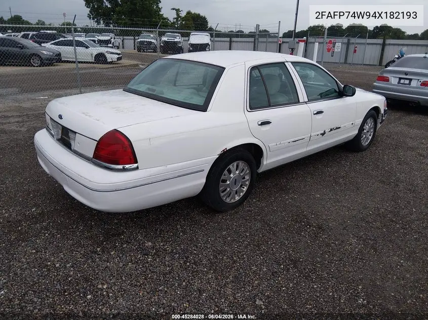 2004 Ford Crown Victoria Lx VIN: 2FAFP74W94X182193 Lot: 45284028