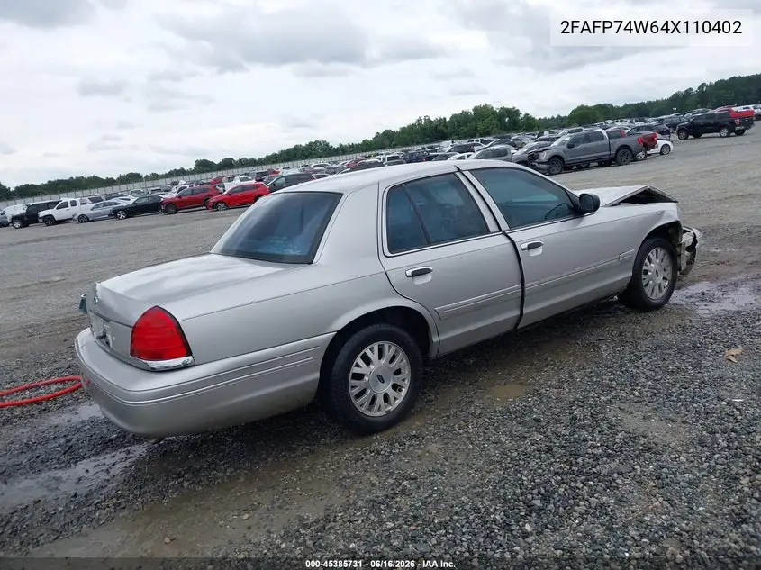 2004 Ford Crown Victoria Lx VIN: 2FAFP74W64X110402 Lot: 45385731
