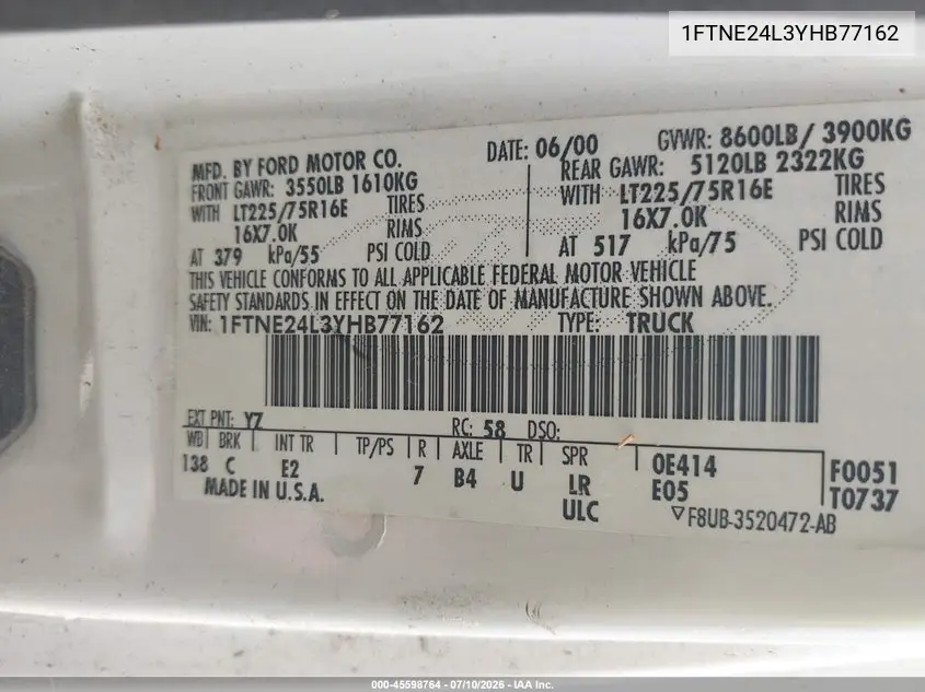 2000 Ford E-250 Commercial/Recreational VIN: 1FTNE24L3YHB77162 Lot: 45598764