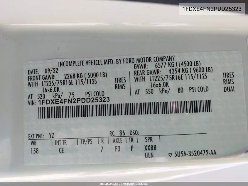 2023 Ford E-450 Cutaway VIN: 1FDXE4FN2PDD25323 Lot: 45520549