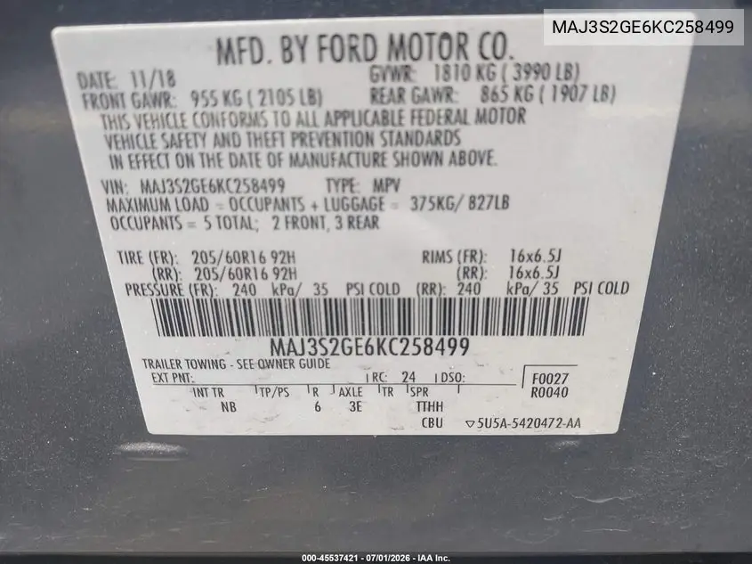 2019 Ford Ecosport Se VIN: MAJ3S2GE6KC258499 Lot: 45537421