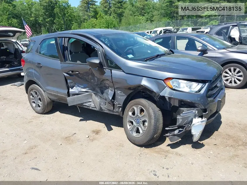 2021 Ford Ecosport S VIN: MAJ6S3FL5MC418135 Lot: 45312662