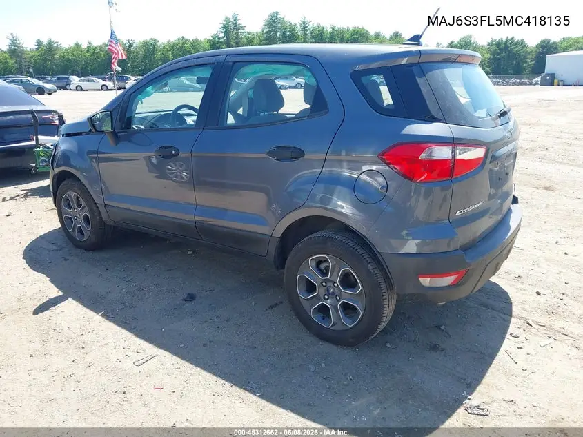 2021 Ford Ecosport S VIN: MAJ6S3FL5MC418135 Lot: 45312662