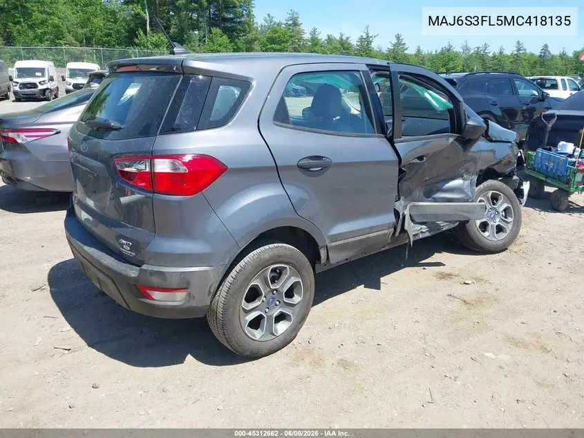 2021 Ford Ecosport S VIN: MAJ6S3FL5MC418135 Lot: 45312662
