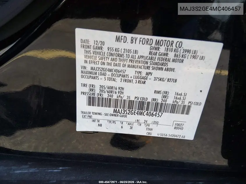 2021 Ford Ecosport Se VIN: MAJ3S2GE4MC406457 Lot: 45472971