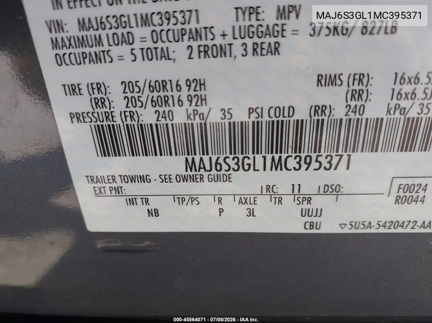 2021 Ford Ecosport Se VIN: MAJ6S3GL1MC395371 Lot: 45564071
