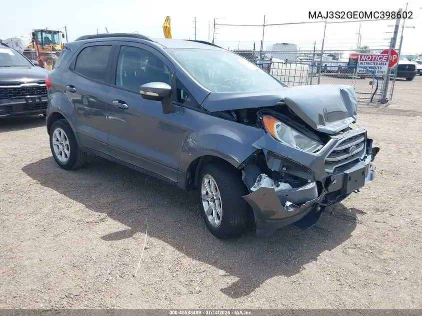 2021 Ford Ecosport Se VIN: MAJ3S2GE0MC398602 Lot: 45588499