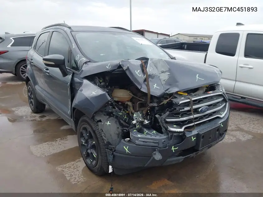 2021 Ford Ecosport Se VIN: MAJ3S2GE7MC451893 Lot: 45616991
