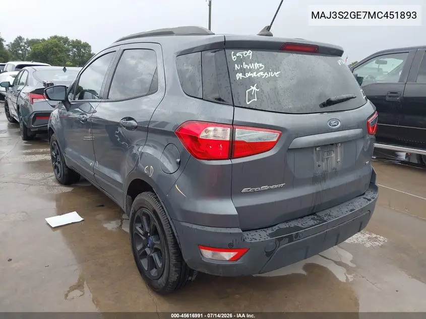 2021 Ford Ecosport Se VIN: MAJ3S2GE7MC451893 Lot: 45616991