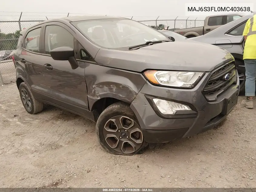 2021 Ford Ecosport S VIN: MAJ6S3FL0MC403638 Lot: 45622254