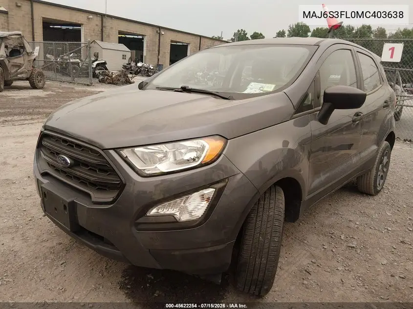 2021 Ford Ecosport S VIN: MAJ6S3FL0MC403638 Lot: 45622254
