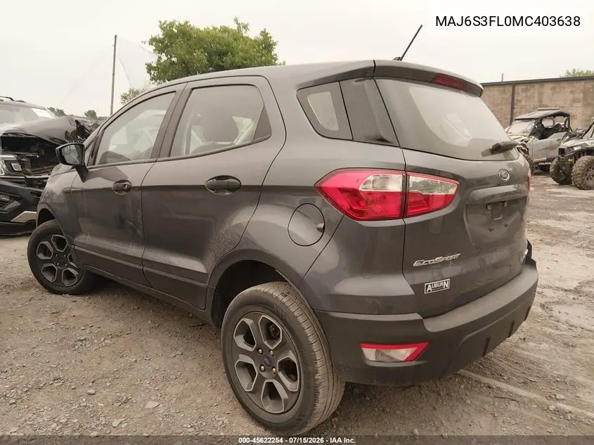 2021 Ford Ecosport S VIN: MAJ6S3FL0MC403638 Lot: 45622254