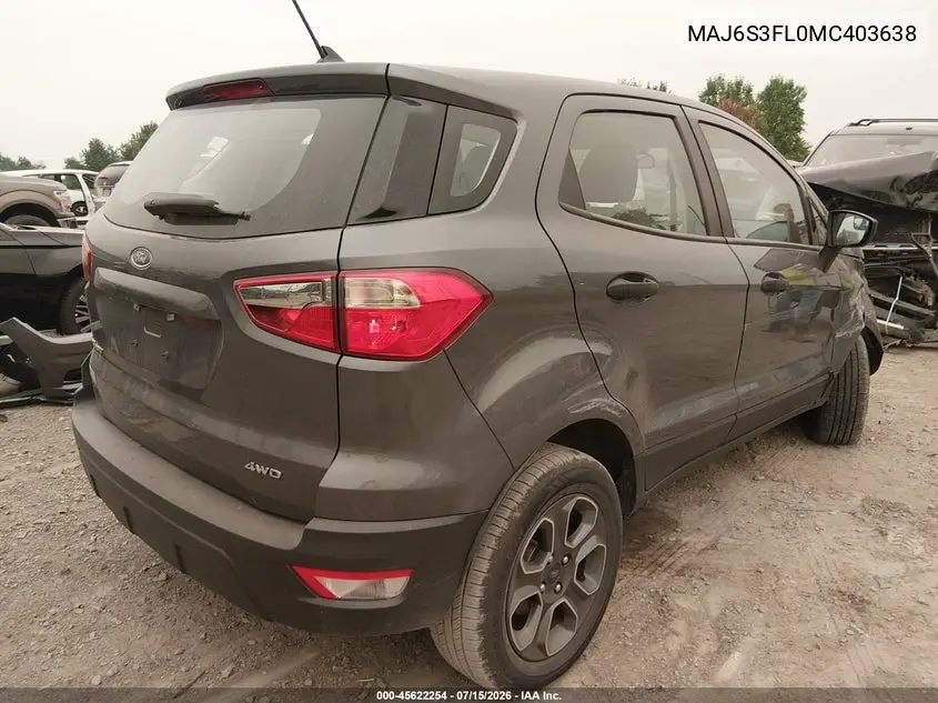 2021 Ford Ecosport S VIN: MAJ6S3FL0MC403638 Lot: 45622254