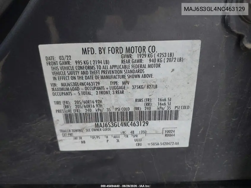 2022 Ford Ecosport Se VIN: MAJ6S3GL4NC463129 Lot: 45494440