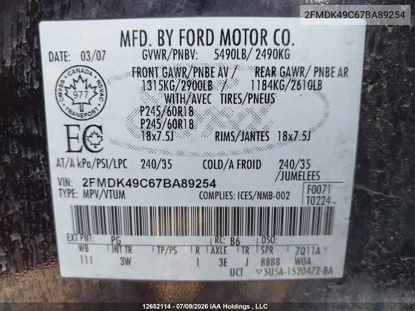 2007 Ford Edge Sel Plus VIN: 2FMDK49C67BA89254 Lot: 12652114