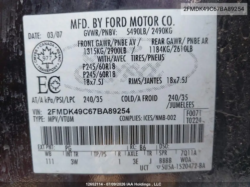 2007 Ford Edge Sel Plus VIN: 2FMDK49C67BA89254 Lot: 12652114
