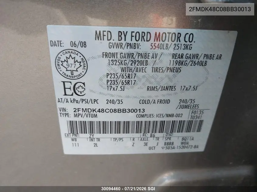 2008 Ford Edge Sel VIN: 2FMDK48C08BB30013 Lot: 30094460