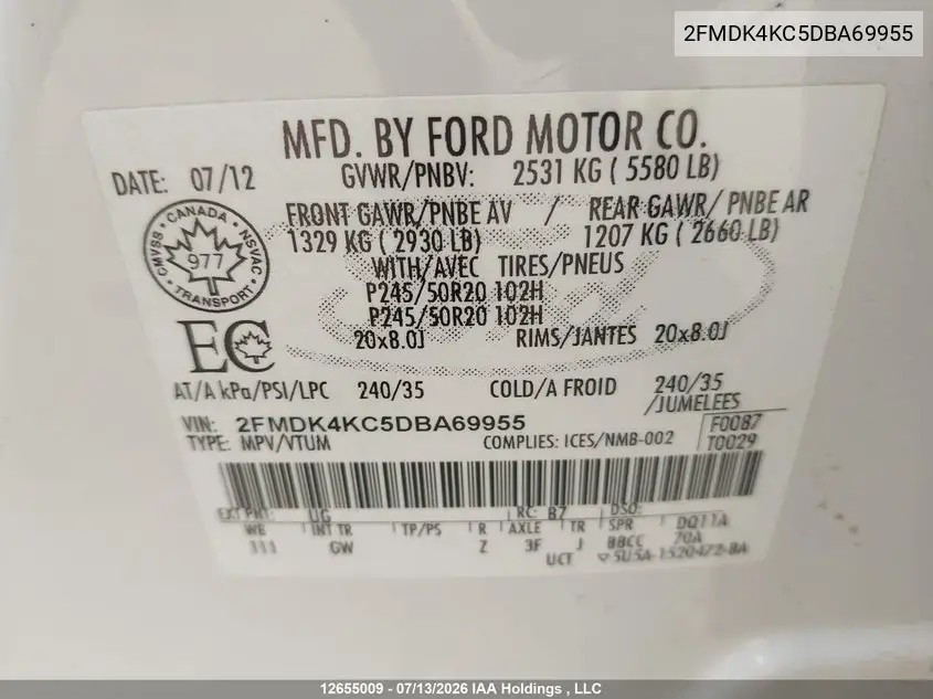 2013 Ford Edge Limited VIN: 2FMDK4KC5DBA69955 Lot: 12655009