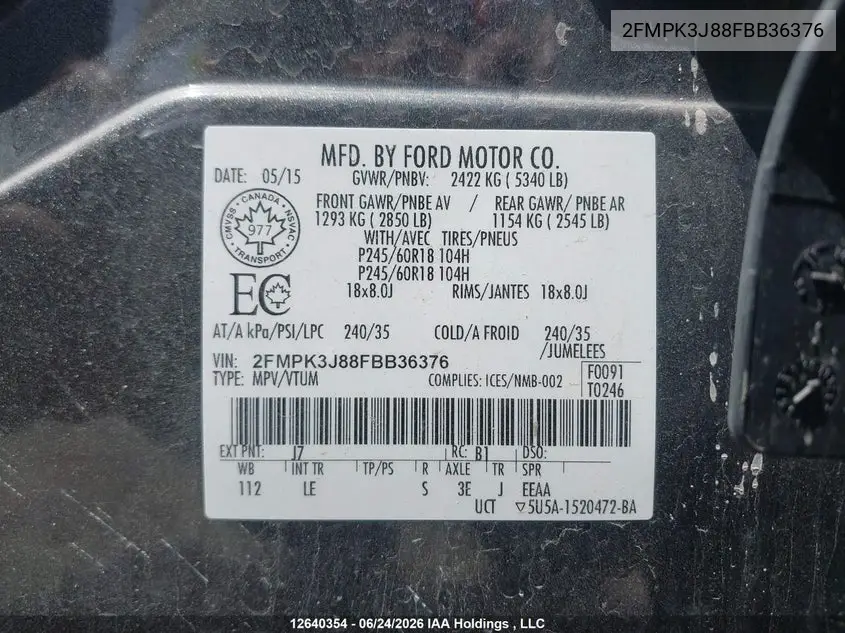 2015 Ford Edge Sel VIN: 2FMPK3J88FBB36376 Lot: 12640354