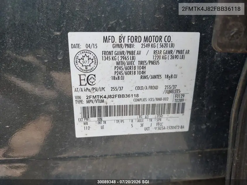 2015 Ford Edge Sel VIN: 2FMTK4J82FBB36118 Lot: 30089348