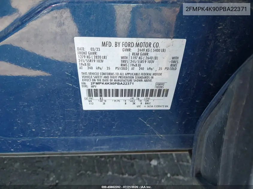 2023 Ford Edge Titanium VIN: 2FMPK4K90PBA22371 Lot: 45662282
