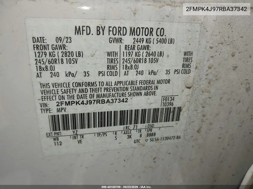 2024 Ford Edge Sel VIN: 2FMPK4J97RBA37342 Lot: 45185709