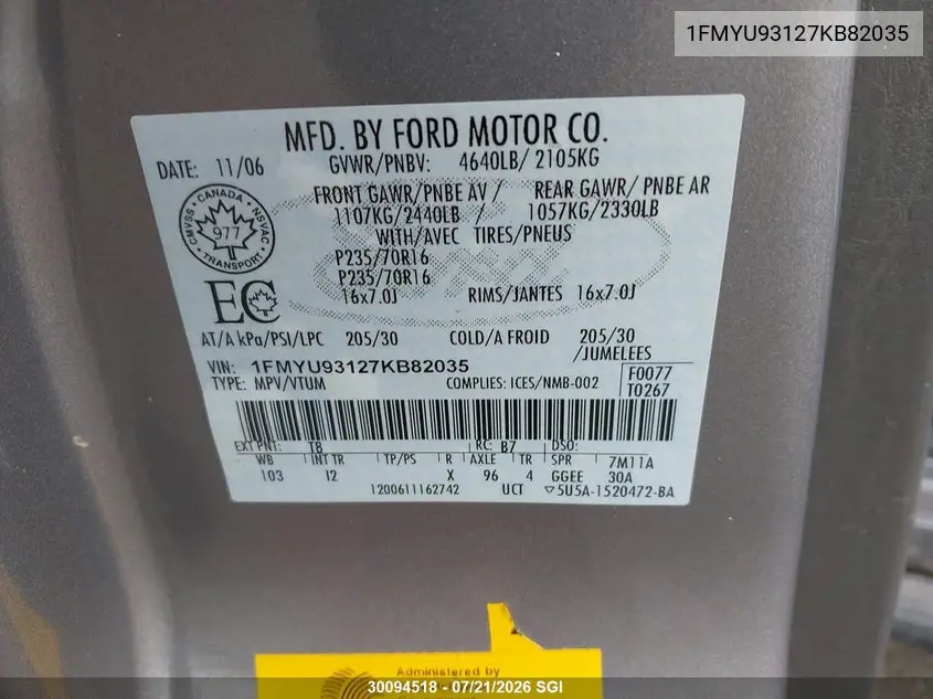 2007 Ford Escape Xlt VIN: 1FMYU93127KB82035 Lot: 30094518