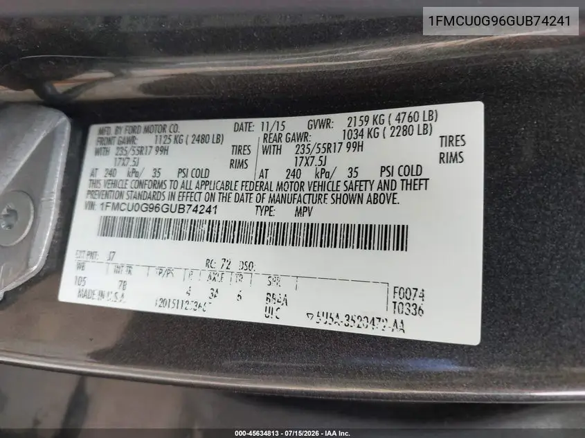 2016 Ford Escape Se VIN: 1FMCU0G96GUB74241 Lot: 45634813