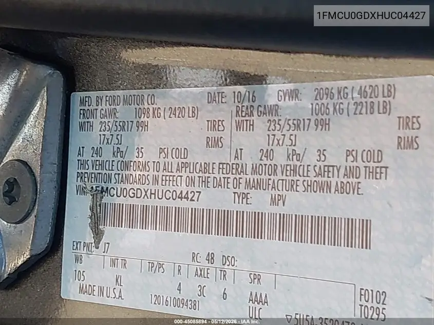 1FMCU0GDXHUC04427 2017 Ford Escape Se