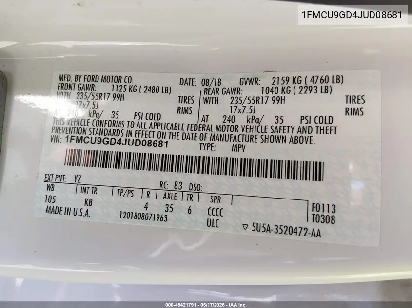 2018 Ford Escape Se VIN: 1FMCU9GD4JUD08681 Lot: 45421791