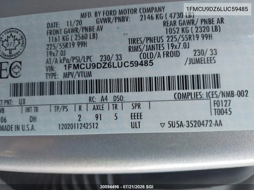 2020 Ford Escape Titanium VIN: 1FMCU9DZ6LUC59485 Lot: 30094496