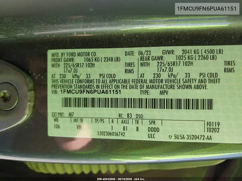 2023 Ford Escape VIN: 1FMCU9FN6PUA61151 Lot: 45432869