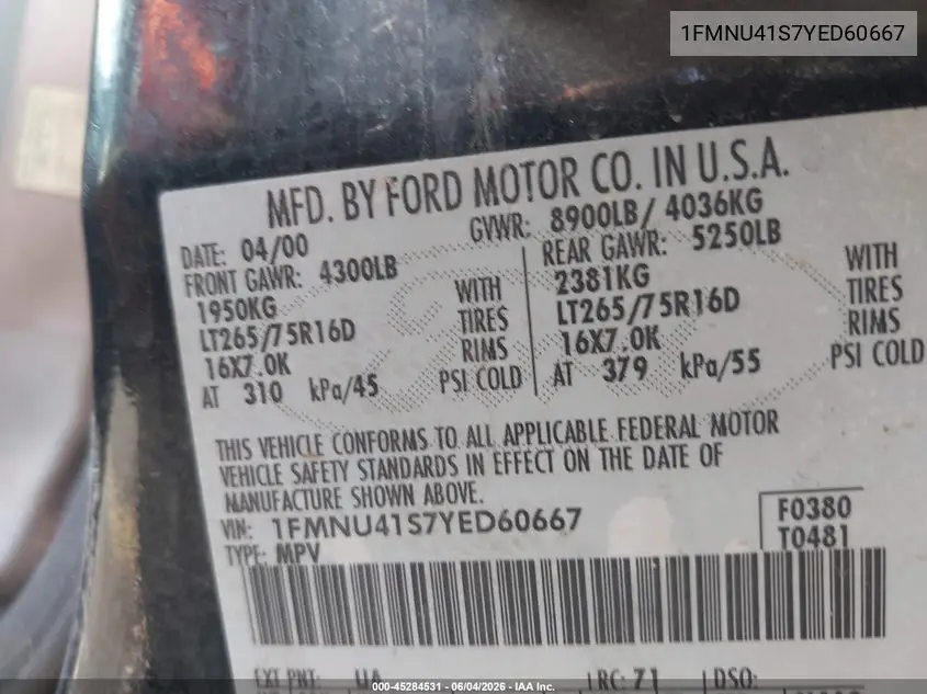 2000 Ford Excursion Xlt VIN: 1FMNU41S7YED60667 Lot: 45284531