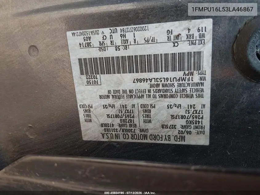 2003 Ford Expedition Xlt VIN: 1FMPU16L53LA46867 Lot: 45604195