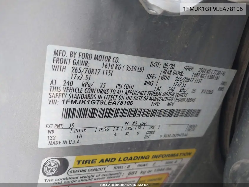 2020 Ford Expedition Xl Max VIN: 1FMJK1GT9LEA78106 Lot: 45158882