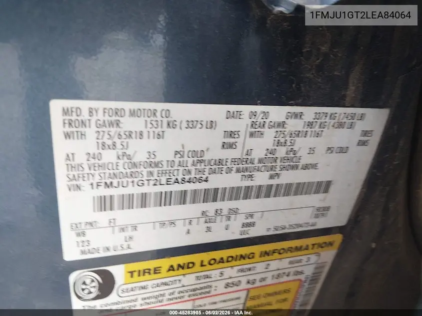 2020 Ford Expedition Xl VIN: 1FMJU1GT2LEA84064 Lot: 45283905
